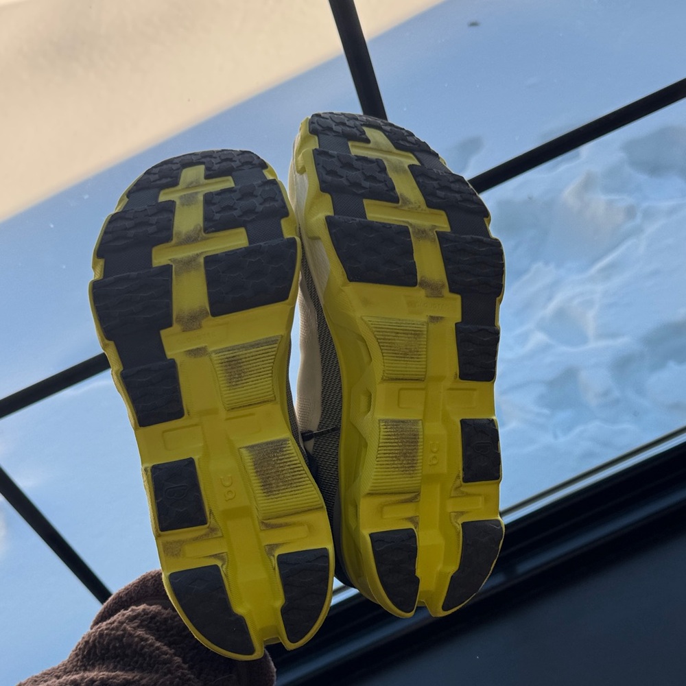 On Running Cloudmonster Hyper White and Neon Yellow Athletic Shoes - Picture 7 of 8